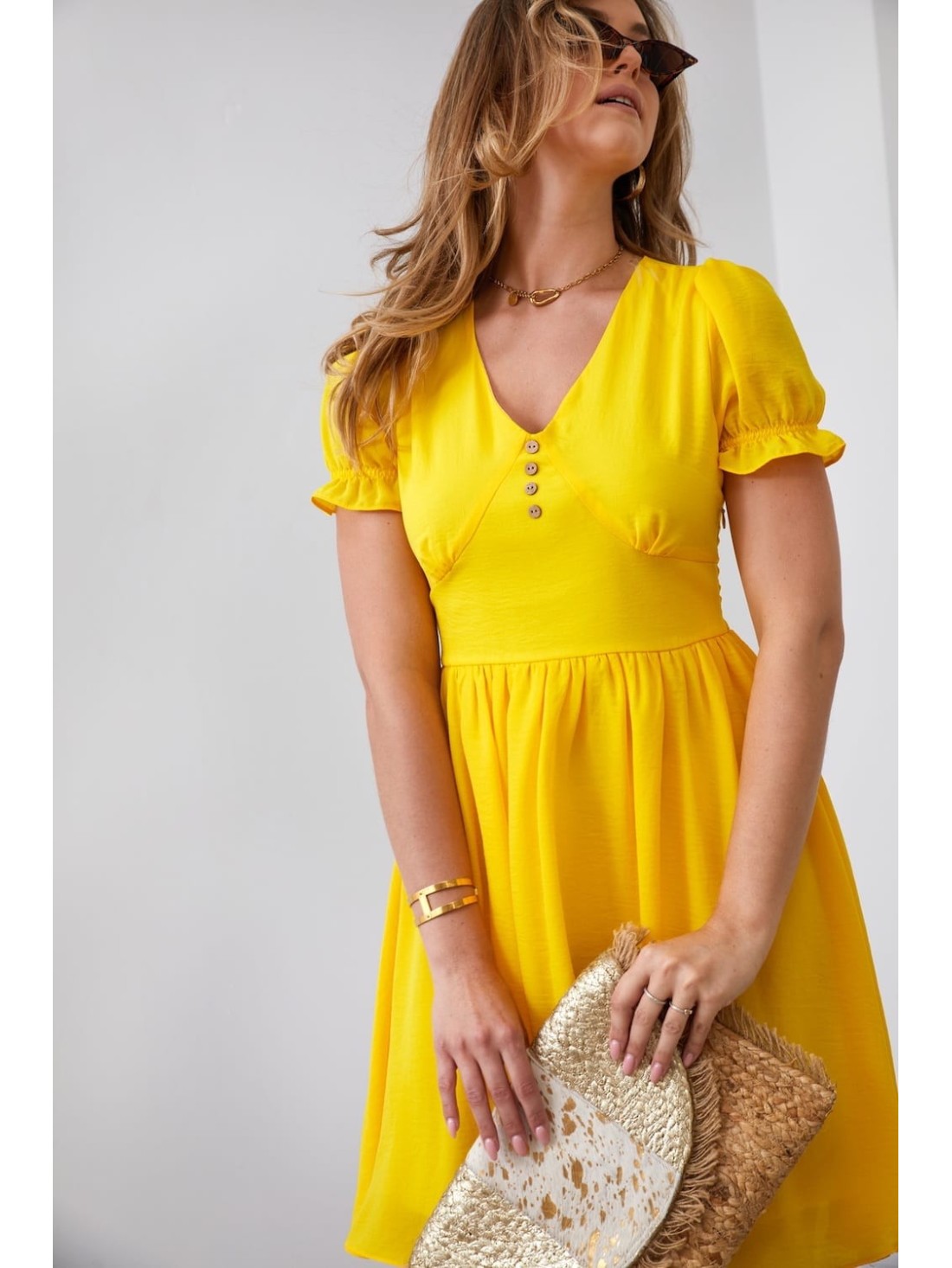 Smooth dress with short sleeves, yellow 3046 - Online store - Boutique